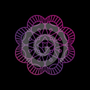 Round simple gradient mandala flower in purple colors on black background. Logo, web design, icon