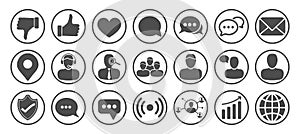 Round Social Media Icon Set with People, Chat, Thumbs Up, Like Icons