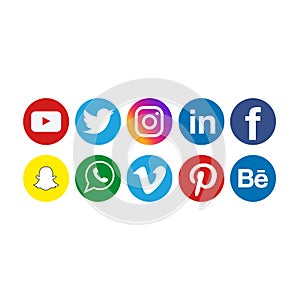 Round social media icons or social network logos flat vector icon set. Collection for apps and websites