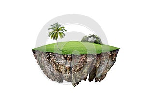 Round soil ground cross section with earth land and green grass.  fantasy floating island with natural on the rock