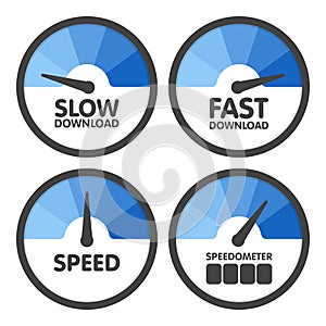 Round Speedometers set with slow and fast speed download. Vector illustration