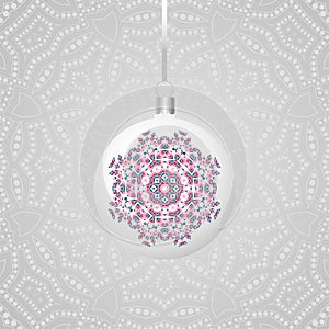Round sphere Christmas ball hanging on ribbon. Collection of Baubles with ornaments. New Year Decoration.