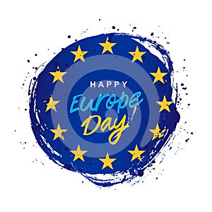 Round spot of blue paint, hand-drawn. The flag of Europe with 12 five-pointed stars. Happy Europe Day. Vector illustration