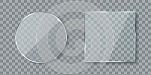 Round and square acrylic banners. Mirror lens with glossy glare reflections set, realistic wall window with shadows