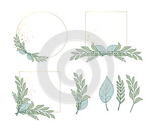 Round and square golden frames with decor from greenery and plant branches, elements for wedding design, anniversary