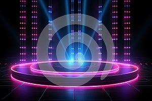 Round stage with pink blue neon light and screen pixels glowing dots background. Glowing neon lines. Empty stage laser. Catwalk