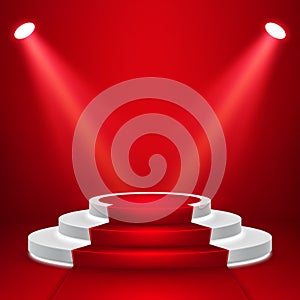 Round stage podium with light. Stage vector backdrop. Festive podium scene with red carpet for award ceremony. Vector illustration