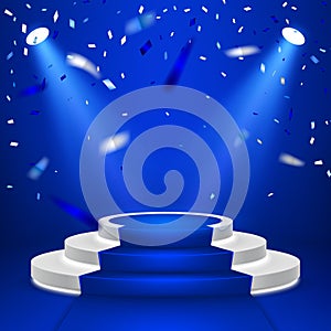 Round stage podium. Stage vector backdrop. Festive podium scene with blue carpet and confetti for award ceremony. Vector