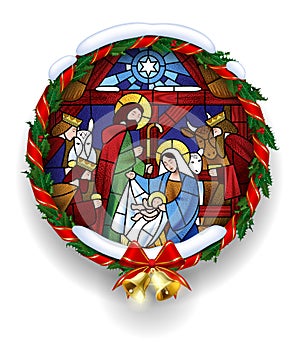 Round stained glass with the Christmas scene in holly wreath