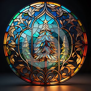 A round stained glass window, made out of cocobolo wood, with colorful design