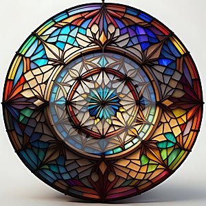 A round stained glass window, made out of cocobolo wood, with colorful design