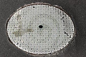 round steel man hole cover in tarmack asphalt