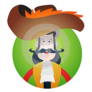 Round sticker with the image of a fun pirate in a cocked hat and eye patch. Cartoon illustration for gaming mobile