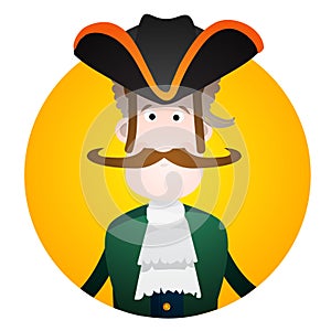 Round sticker with the image of a fun pirate in a cocked hat and eye patch. Cartoon illustration for gaming mobile applications