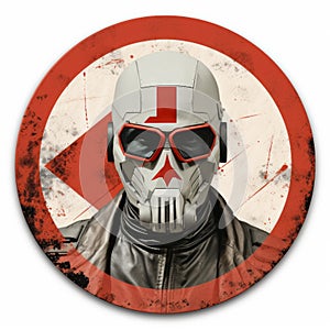 a round sticker with an image of a man wearing a gas mask