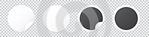 Round sticker template with peel of corner, black and white price tag or promo label template isolated on transparent