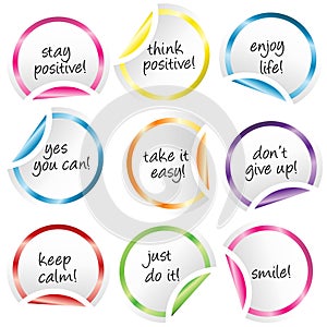 Round stickers with curled corners with positive messages