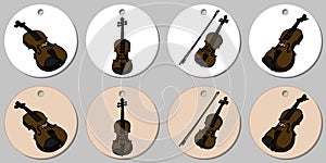 Round stickers template with violin, alt and bow. Isolated vector illustration with musician