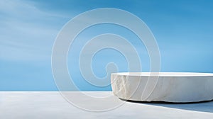 Round Stone Podium in front of a sky blue Studio Background. White Pedestal for Product Presentation