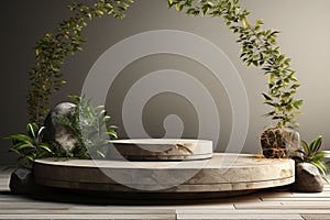 A round stone podium with a plants around it