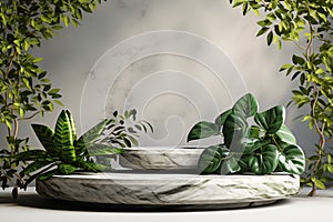 A round stone podium with a plants around it