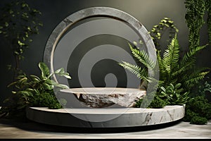 A round stone podium with a plants around it