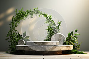 A round stone podium with a plants around it