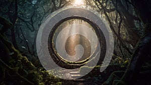 Round stone portal in the forest, an abandoned temple. Path made of stones in the forest