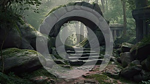 Round stone portal in the forest, an abandoned temple. Path made of stones in the forest