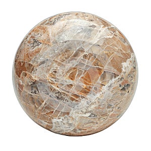 A round stone with a white and brown surface