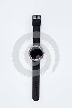 Round stylish smart watch on white background