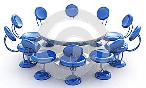 Round table and blue chairs