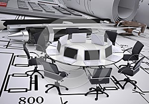 Round table, compasses, calculator and technical