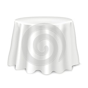 Round table covered with blank tablecloth isolated on white background realistic vector mock-up. Template for design