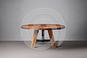 Round table in gray studio backdrop, minimal simple background, wooden table for product photography