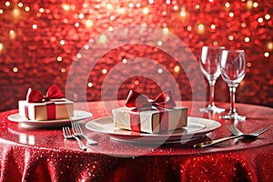 Round Table Setting with Gift Box on Red Glittering Background