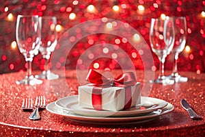 Round Table Setting with Gift Box on Red Glittering Background