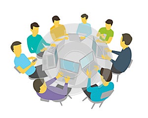 Round-table talks. Group of people students team having meeting conference. White background stock illustration vector