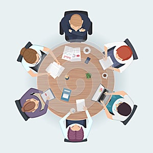 Round table top view. Business people sitting meeting corporate workspace brainstorming working team vector illustration