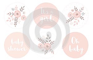 Cute Baby Shower Vector Sticker. Funny Decoration for Baby Girl Party.