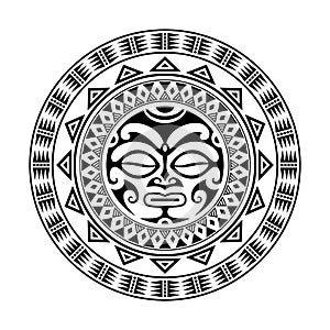 Round tattoo ornament with sun face maori style. African, aztecs or mayan ethnic mask.