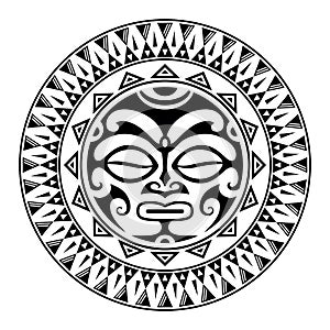 Round tattoo ornament with sun face maori style. African, aztecs or mayan ethnic mask.