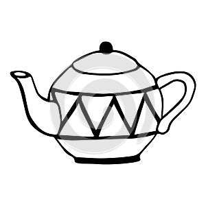 Round teapot with lid and geometric pattern. Hand drawn black doodle sketch table setting item. Morning tea brewing