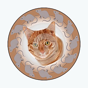 A round template with a cat and mice.