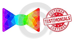 Round Textured Customer Testimonials Badge with Vector Lowpoly Bow Tie Icon with Spectral Colored Gradient