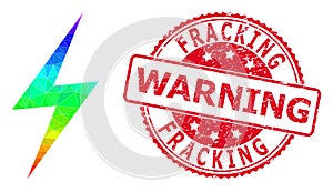 Round Textured Fracking Warning Stamp Seal with Vector Polygonal Electric Strike Icon with Rainbow Gradient