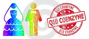 Round Textured Q10 Coenzyme Seal With Vector Lowpoly Wedding Couple Icon with Spectral Colored Gradient