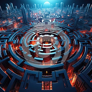 Round three-dimensional maze in digital space, data path on computer server. Generative AI