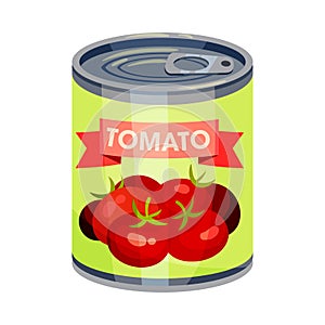 Round tin can with tomato. Vector illustration on white background.