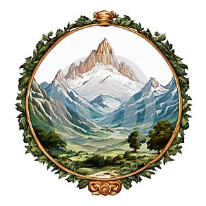 Round tondo emblem on a white background is isolated with a mountain landscape photo